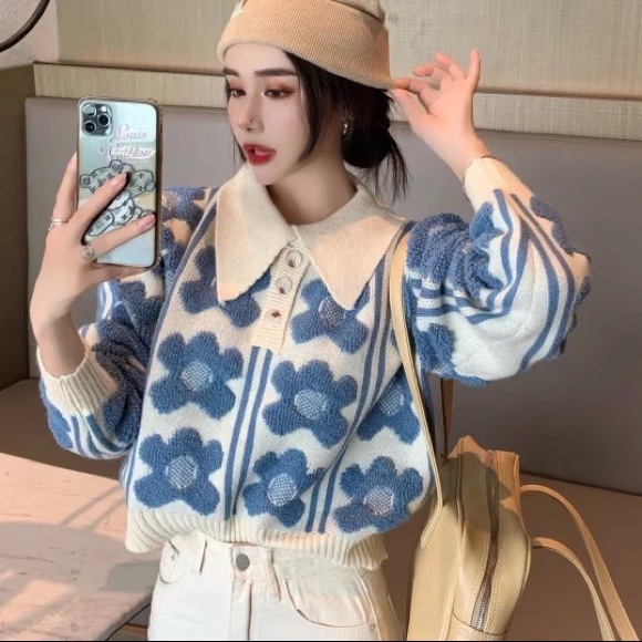 Knit sweater floral dark khaki collar womens top - Picture 3 of 10